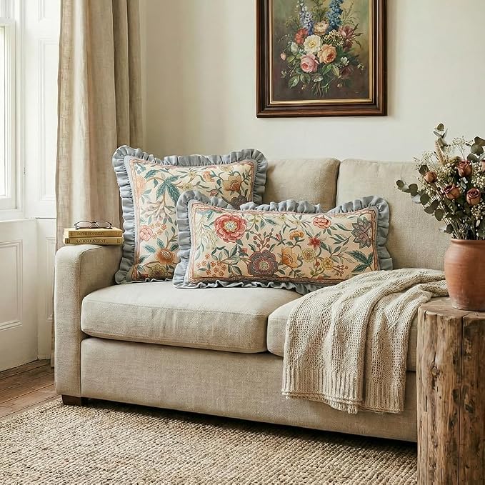 bilin gaier Linen Throw Pillow Covers,28"x12" Set of 2-Flowershadow A | Designer Vintage Elegant Rectangle Pillow Cover,Concealed Zipper,Floral Pattern,Sofas,Bedroom,Living Room,Lounge Chairs