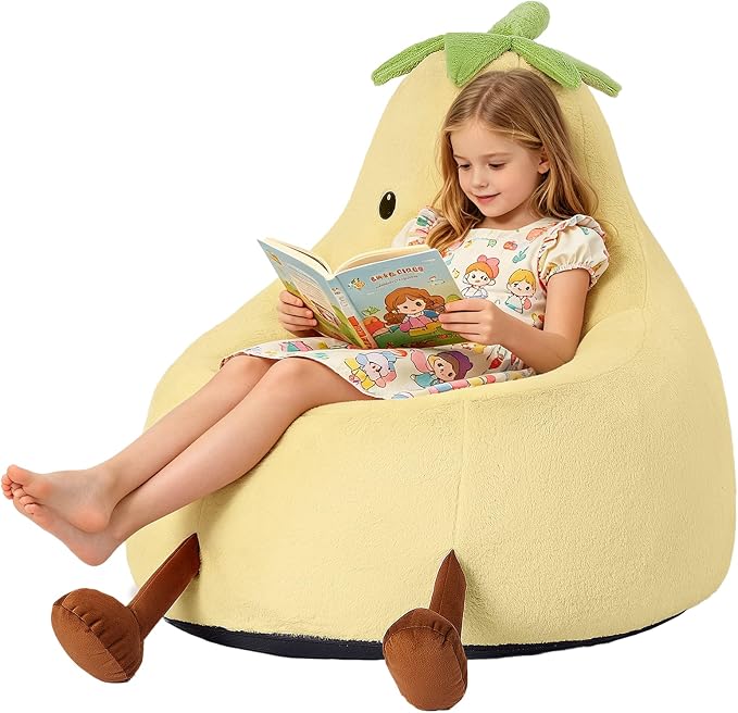 24 Inches Memory Foam Bean Bag Chair - Ultra Soft Faux Rabbit Fur Round Sofa with Handle & Machine Washable Cover, Comfy Lazy Chair for Kids Teens, Perfect for Reading Gaming in Living Room，Yellow