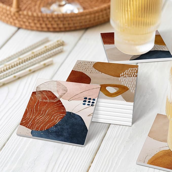 Drink Coasters for Drinks Set of 6, Terracotta Navy Orange and Gold Abstract Modern Art Absorbent Square Ceramic Stone Mat Coaster, with Cork Base and Metal Holder, Home Bar Decor House Warming Gift