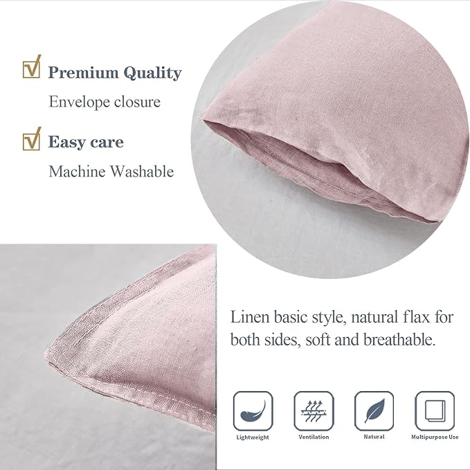 Simple&Opulence 100% Linen Lumbar Pillow Cover 12 x 20 Inches Set of 2 Rectangular Decorative Throw Cushion Cover for Couch Sofa Bed Living Room Office Soft Breathable Farmhouse - Blush Pink