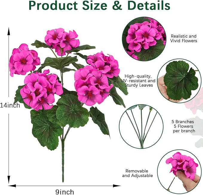 8 Pcs Artificial Geraniums Flowers for Outdoor Spring Summer Decor UV-Resistant & Realistic Silk Faux Plants for Garden Porch Patio Yard Balcony Home Kitchen Table Decoration, Rose Pink