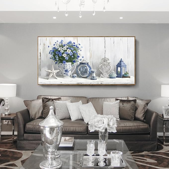 Nicetop Oversized Framed Wall Art for Living Room – Large Floral Canvas Print Blue and White Still Life Artwork Giant Shabby Chic Picture Bedroom Dining Room Office Beach Rustic Country Decor 58x29 Inch