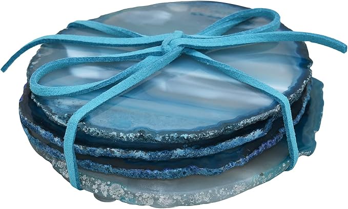 Nature's Decorations Teal Agate Stone Coasters - Set of 4, Polished Geode Drink Mats for Dining & Coffee Table & Kitchen Geode Decor Non-Toxic 3.5-4" Diameter