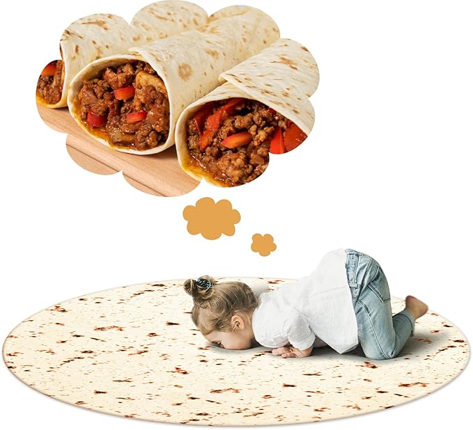 Vessia Burritos Tortilla Blanket Throw Size(Beige,47 inches), Giant Realistic Funny Food Throw for Adults and Kids, 300 GSM Double Sided Soft Novelty Round Taco Home Decor