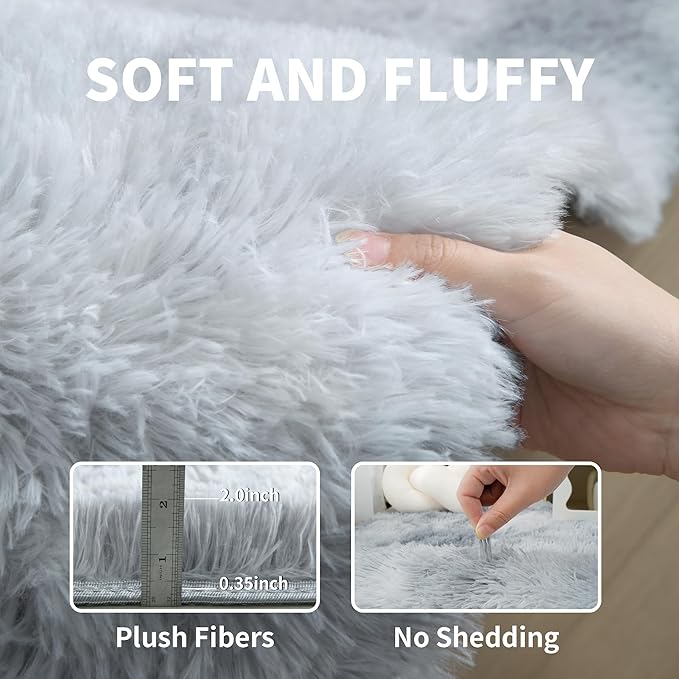 KICHOWUA 6x9 Light Grey Fluffy Shag Area Rug for Bedroom, Soft Plush Fuzzy Washable Non Slip Carpet for Living Room, Modern Comfy Furry Shaggy Large Rug for Kids Baby Boys Nursery Dorm, Tie-Dye Gray