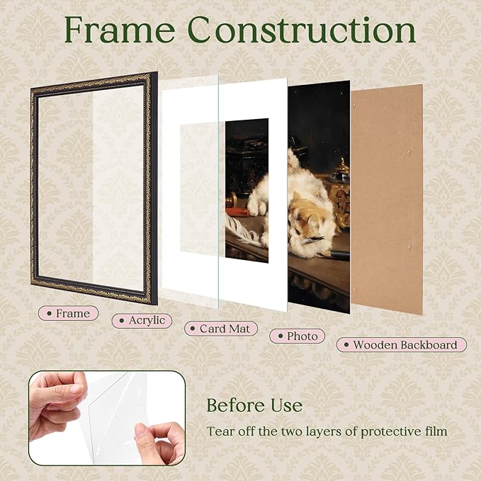 TWING 11x14 Picture Frame,Display 8x10 Photo with Mat or 11x14 without Mat,Ornate Vintage 11 x 14 Photo Frames for Wall Mounting,Black Gold,1 Pack