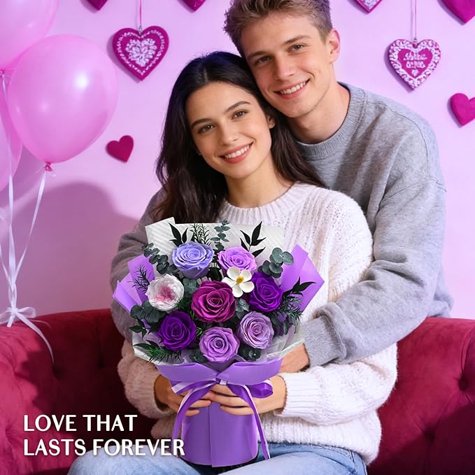 Forever Rose Flowers for Delivery, 8-Piece Preserved Roses Bouquet Birthday Gifts for Women, Long Lasting Purple Roses with Gift Box for Mom, Forever Flowers with Vase for Her Wife Girlfriend