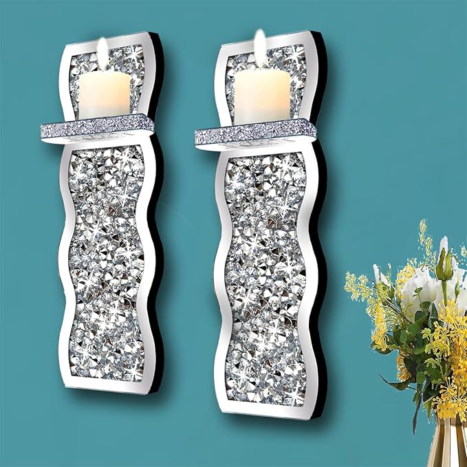 ZOLAPI Set of 2 Crystal Crush Diamond Candle Sconces, Gorgeous Silver Mirrored Wall Sconce, Wave Pattern Irregular Candle Holder Glass Wall Decorations for Home Décor, Living Room, Dining Room.
