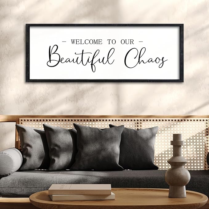 Surfapans Welcome To Our Beautiful Chaos Living Room Sign Wall Decor 32"×12" Rustic Large Family Wooden Plaque for Home Entryway Wall Hanging Art (Black)
