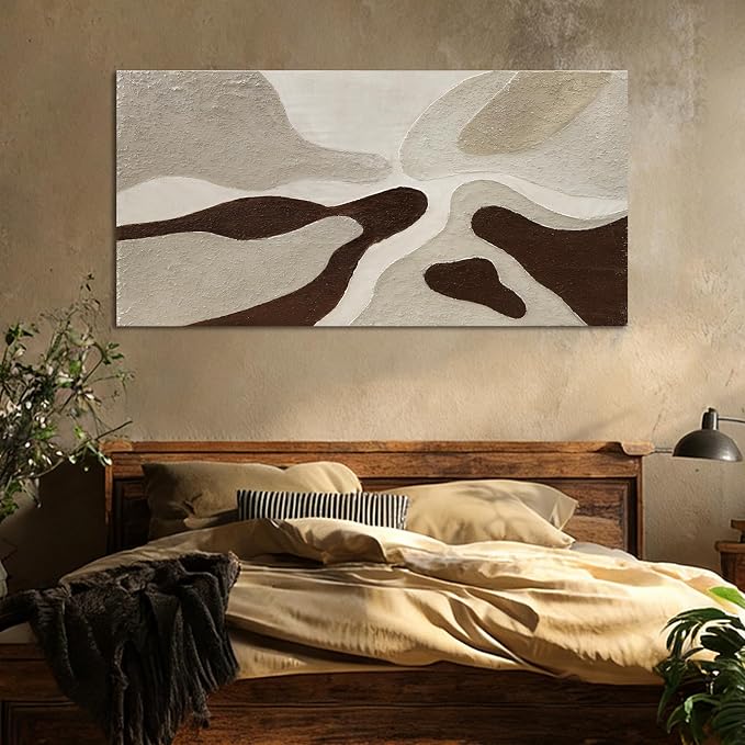 ZUNARE Hand-Painted Abstract Canvas Art – Neutral Beige, Brown, Taupe Textured Modern Wall Art for Living Room, Bedroom, Office, Ready to Hang, 24×48 in
