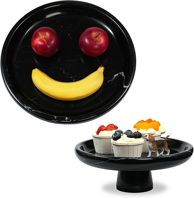 Marble Fruit Bowl for Kitchen - 9.9" Black Decorative Stone Pedestal Bowls for Home Decor, Footed Fruits Holder For Dining Table Counter Organization
