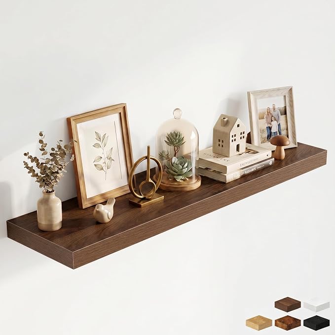 Fun Memories 48 Inch Floating Shelves for Wall - 12 Inch Deep Fireplace Mantel Shelf - Wood Floating Shelf for Wall - Large Storage Shelves Wall Mount for Living Room & Bedroom - Walnut - Set of 1