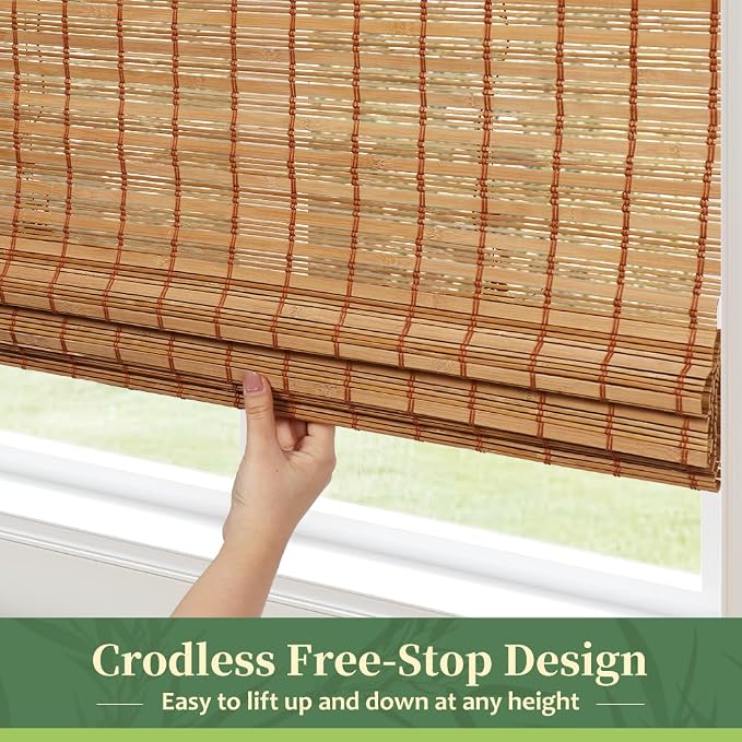 AGESISI Bamboo Roman Shades with Valance Cover, Cordless Blinds for Indoor Windows, Light Filtering Woven Wood Shades for Home & Patio, Privacy Protection, 32" W x 64" H, Carbonized