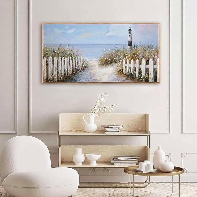 Ocean Wall Art for Living Room - Coastal Canvas Artwork for Walls, Vintage Landscape with Lighthouse, Farmhouse Beach Pictures, Framed Bedroom Wall Decor 20×40IN