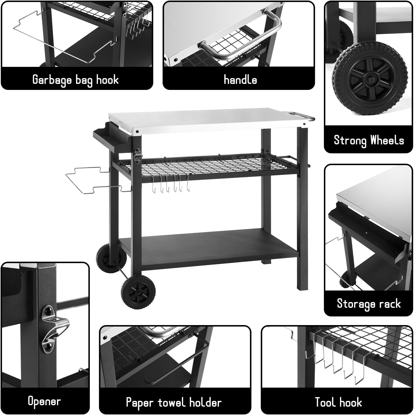 Dining Cart Table with Three Shelf, Movable Outdoor BBQ Grill Table Pizza Oven Stand with Three Hooks, Kitchen Cart Island Multifunctional Food Prep Table for Inside and Outside (Sliver)