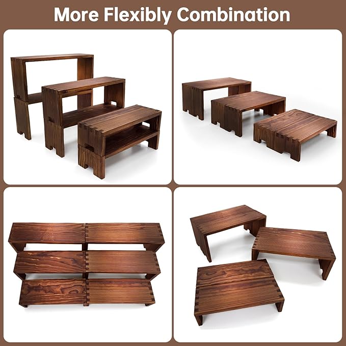 Yikaroeli 2 Set Wood Display Risers Small Wooden Stand for Display Cupcake Stands 9.4"-7.8" Graduated Sizes 3 Tiered 6Pcs Dessert Display Stands for Vendor Events (Brown)