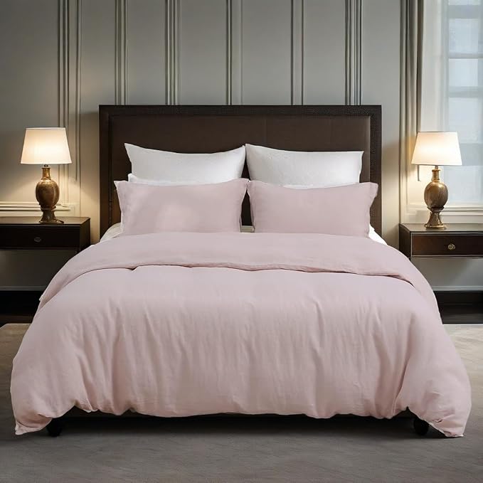 Simple&Opulence 100% Linen Duvet Cover Set, 3 PCS Natural French Flax Blush Pink Duvet Cover King Size, Breathable Soft Comfy Linen Bedding Comforter Cover with 2 Pillowcases(Blush Pink, 104"x92")