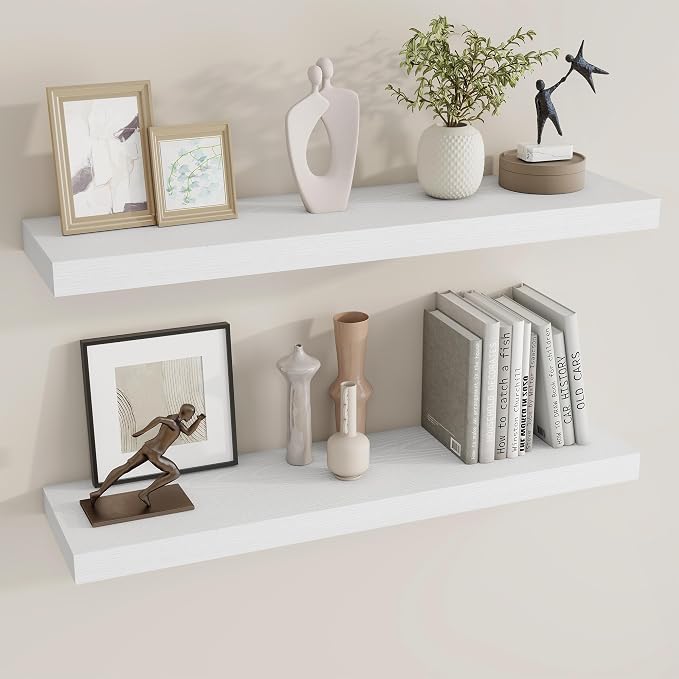 Dreamland 36Inch White Floating Shelves 8" Deep Wall Mounted Set of 2 | Wall shelves for bathroom, bedroom, kitchen, deep wall mount wood storage display for home decor 36" x 8"