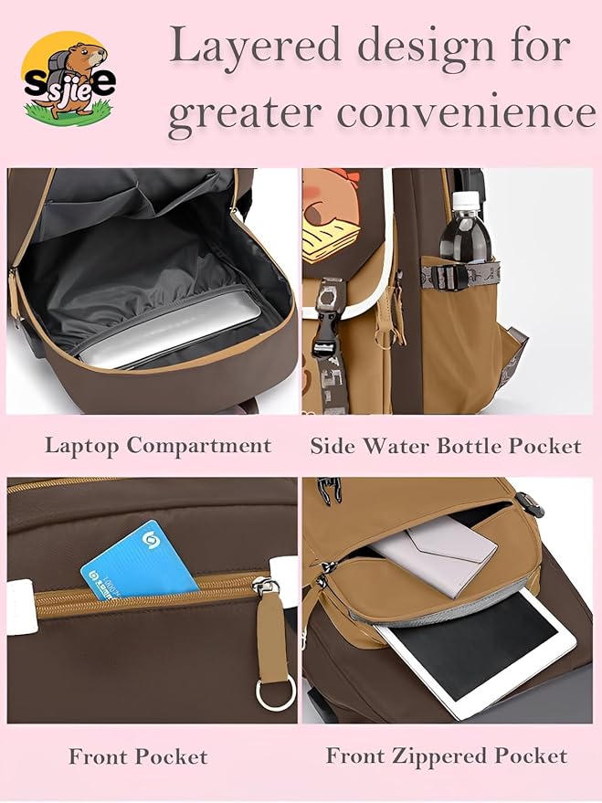 Waterproof Capybara Backpack，Large-capacity Kawaii capybara bag with 11-Piece Accessories (Badges, Pendants, Plush capybara, Stickers and others)