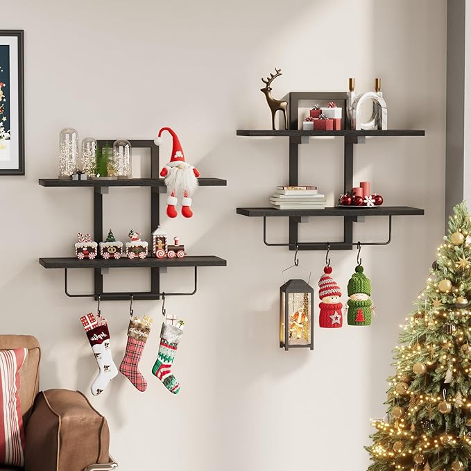 Creso hom Floating Shelves, 15" Wall Shelf Set of 2, Hanging Bathroom Shelves 2-Tier, Wall Mounted Storage Shelves, for Living Room Bedroom Bathroom Kitchen Office Coffee Bar, Black