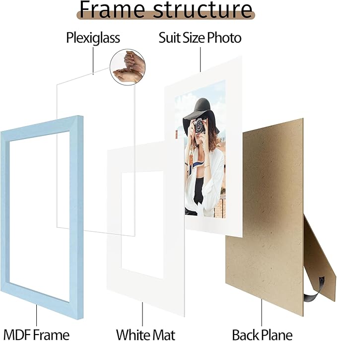 Picrit 9x12 Picture Frame Set of 12, Display 6x8 with Mat or 9x12 without Mat, Photo Frames for Wall Mounting or Table Top Display, Blue