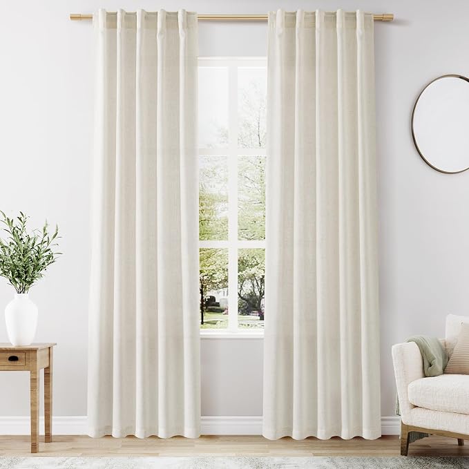 Nanspring Cream Kitchen Linen Curtains 84 Inch Length 2 Panels Back Tab Pocket Linen Textured Light Filtering Neutral Boho Farmhouse Curtain for Bedroom Bathroom 36Wx84L