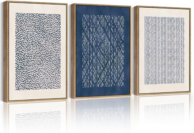 PHOPAGO Neutral Abstract Framed Wall Art Bohemain Blue Mid-Century Wall Decor Modern Blue Mid-Century Geometric Art Paints for Kitchen Dining Room - 11x14in Natural Framed