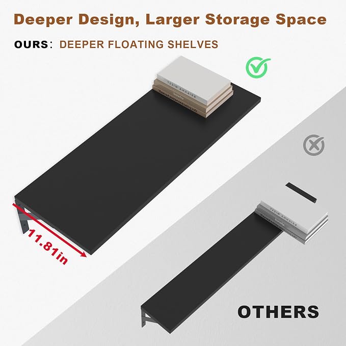 Large Wall Shelves, 31.5" W x 12" D Long Floating Shelves Set of 2, Wide Display Wood Shelf Wall Mounted with Heavy-Duty Metal Brackets for Bedroom Books, Living Room, Kitchen, Black