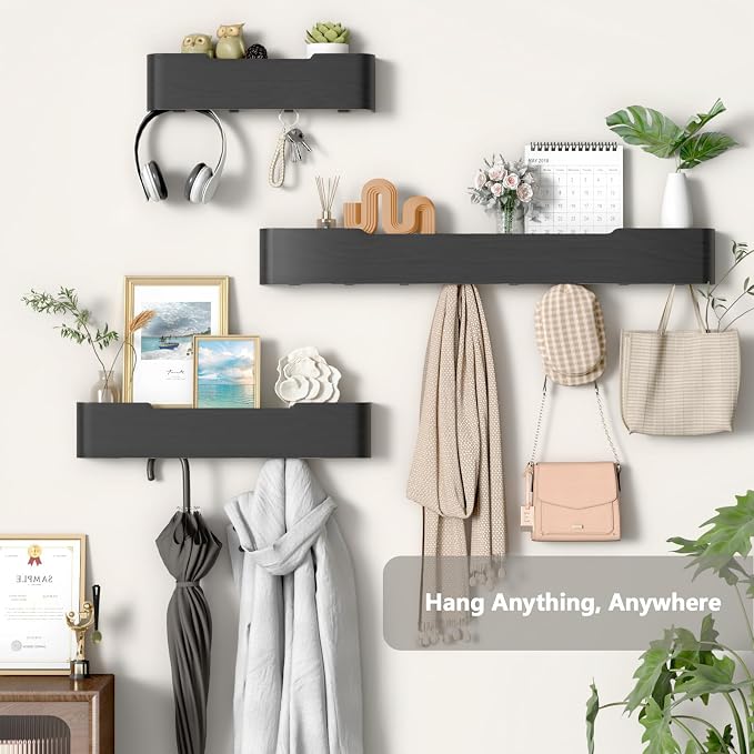 Wall Mounted Coat Rack with Shelf, Wooden Entryway Organizer with Hidden Metal Hooks for Hanging Coats Bags Keys, Modern Floating Shelf for Hallway Bathroom