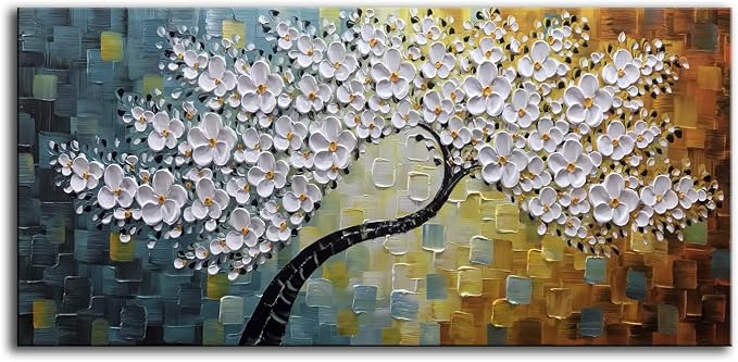 YaSheng Art - Wall Art Oil Painting ,100% Hand Painted 3D Texture Wall Art Artwork White Flower Tree Paintings ,Abstract Canvas Wall Art ,Bedroom Dining Room Living Room Modern Wall Art Decor Home , Framed Wall Art Picture 24x48inch