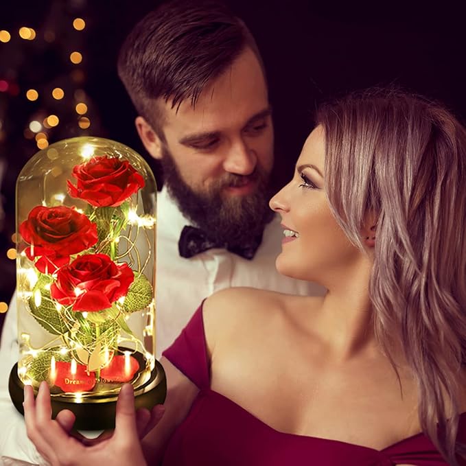 Dream of Flowers Mother Day Enchanted Red Gifts for Mom,Beauty and The Beast Rose in Glass Dome,Anniversary Rose Gifts for Wife,Birthday Gifts for Women,Romantic Red Silk Rose Flower Gifts for Women