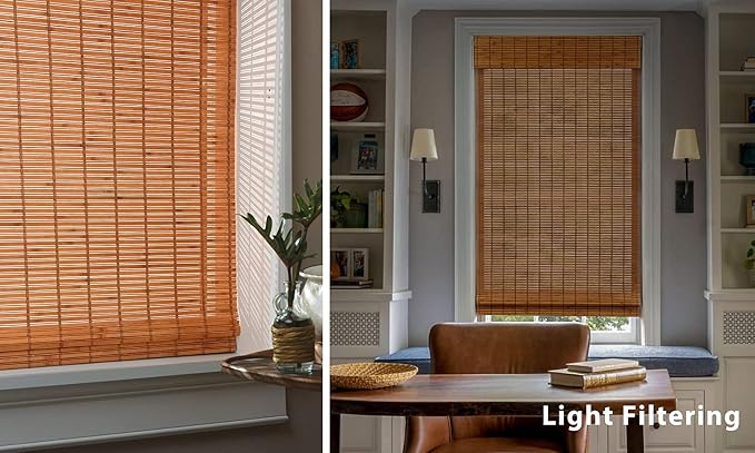 LazBlinds No Tools No Drill Cordless Bamboo Roman Shades, Light Filtering Window Treatment, Roll Up Bamboo Blinds for Windows 28'' W x 64'' H, Wood