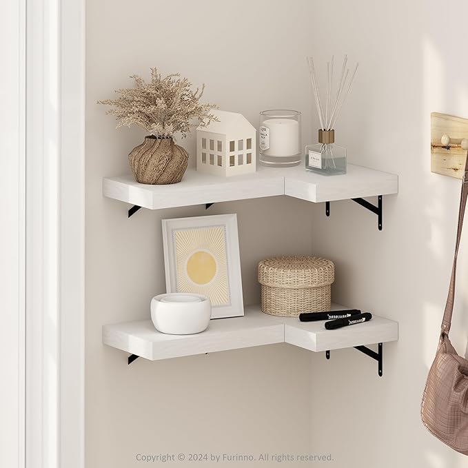 Furinno Tanna Floating Shelves for Wall Set of 4, 15-Inch Wall Shelf, Triple Thick Floating Mounted Shelf, for Bathroom, Home Office, Living Room, White Texture