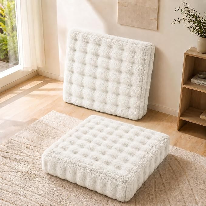 JKMAX 2 Pcs High Density Foam Floor Pillow - Upgraded Large Pillows Seating for Adults - Outdoor Floor Cushion with Soft Tufted Cover - Yoga Pillows for Sitting On Floor - 22 Inch Almond White