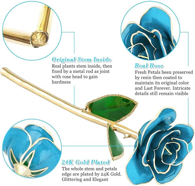 Blue Rose with Stand, Forever Preserved Gold Dipped Rose Flower for Wife Mother Girlfriend, Blue Rose with Stand