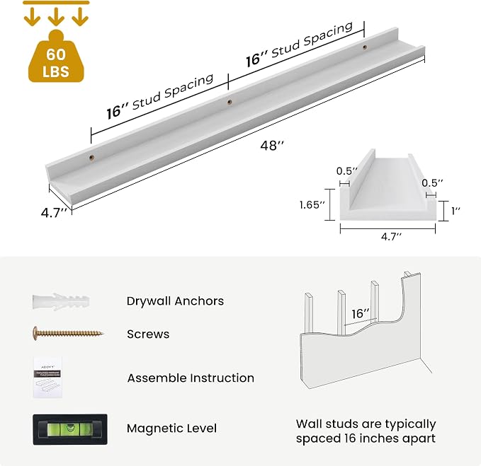 Acovy Solid Ash Wood Picture Ledge Shelf, 48 Inch, White, Set of 2 | Floating Shelves, Wall Mounted, For Living Room Kids' Bedroom Nursery, Photo & Book Display