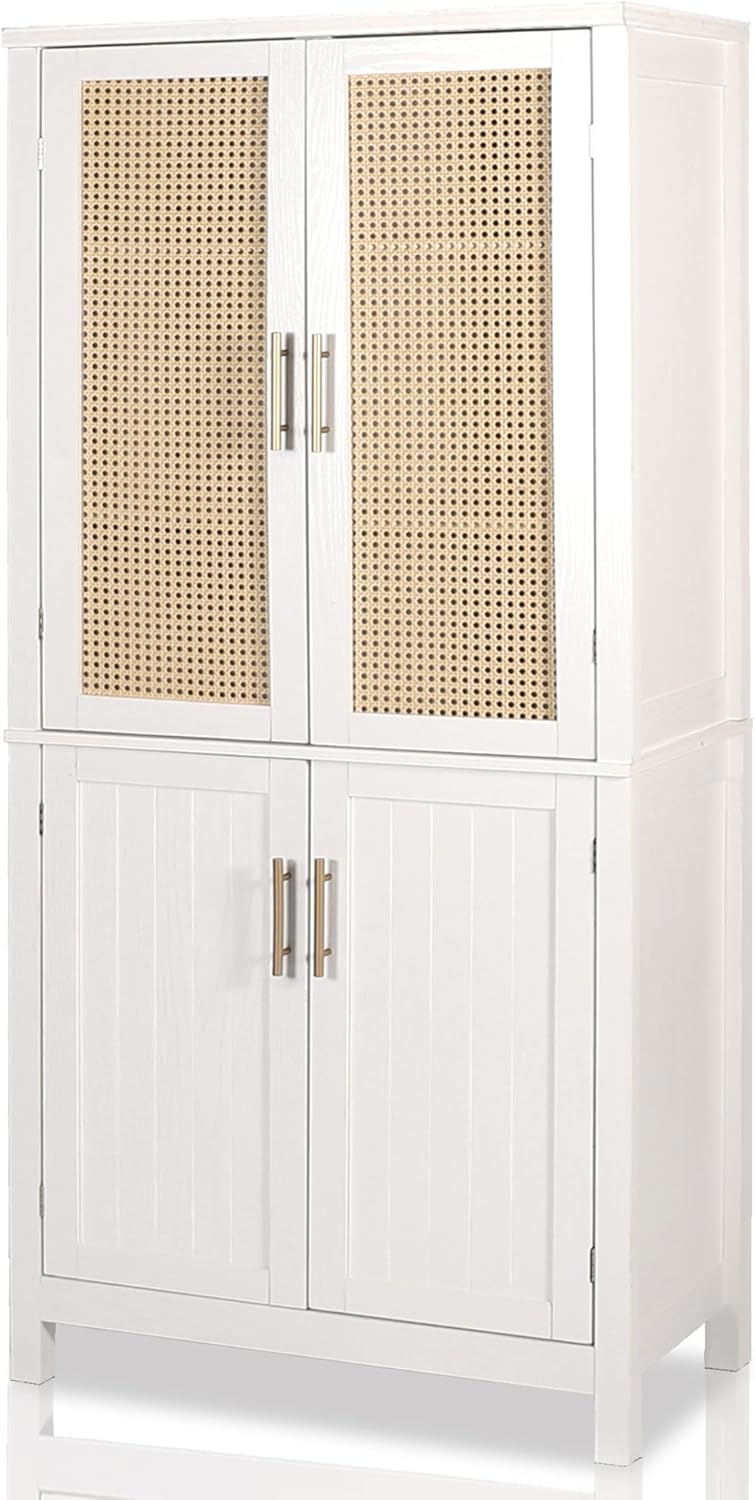 MISHAO 71" Kitchen Pantry Storage Cabinet, Tall Storage Cabinet with Rattan Doors & Adjustable Shelves, Freestanding Cupboard Wood Pantry for Kitchen, Living Room, Dining Room Hallway, White