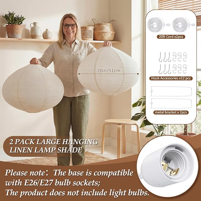 Nuanchu 2 Pack Linen Lantern Lamp Plug in Pendant Light 20 Inch Hanging Lamp Shade with 20 ft Cord Minimalist Light Covers Japanese Chandelier for Ceiling Dining Living Room Artistic Decor(Oval)