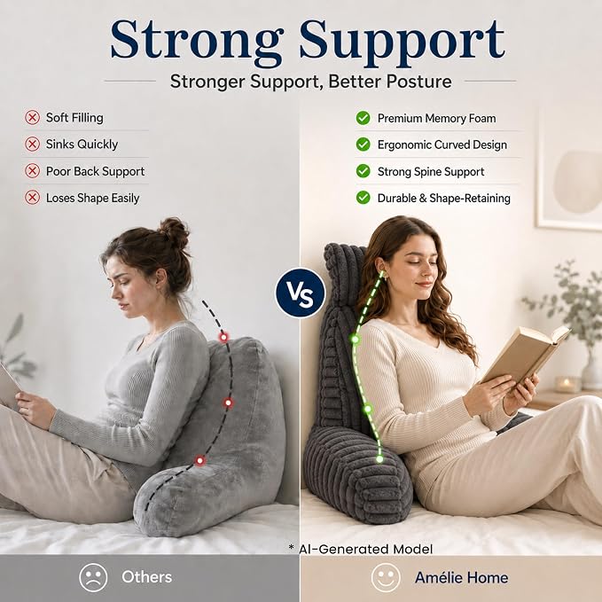 Amélie Home Faux Fur Reading Pillow with Pocket for Sitting in Bed, Adult Backrest Bed Pillow with Washable Cover for Lounging, Watching TV/Gaming/Resting/Post/Surgery/Nursing, Sage Green 29 inches