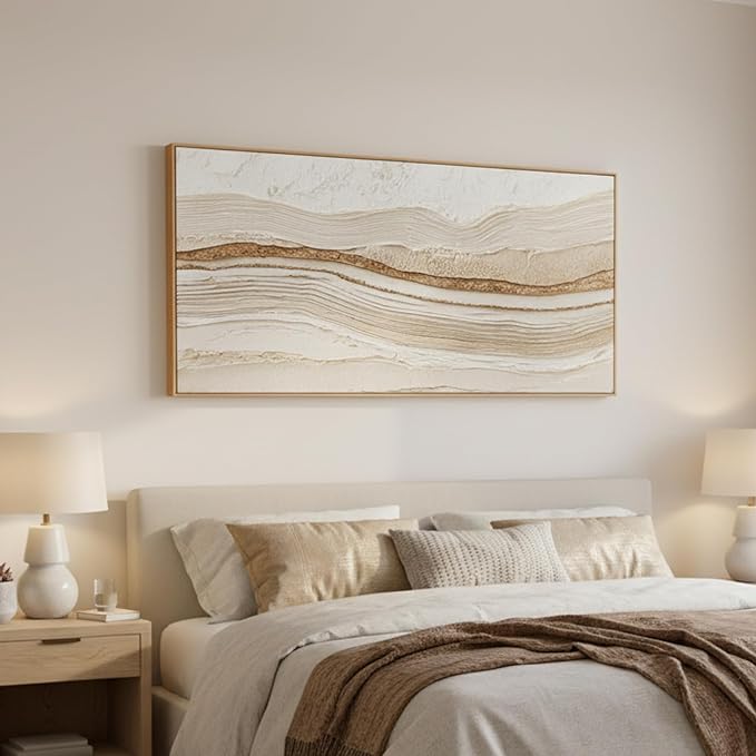 Sorbrozo 3D Abstract Textured Wall Art 20x40 Inch Framed Neutral Beige and Gold Wavy Landscape Canvas Print Modern Decor for Living Room Bedroom & Office