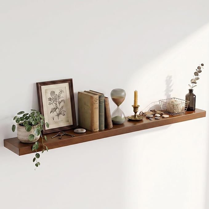 55 inch Floating Shelves for Wall, High End Solid Real Wood Floating Shelf with Heavy Duty Invisible Bracket 55in Long Wooden Wall Shelves for Living Room, Bedroom, Kitchen, Bathroom, Set of 1, Walnut