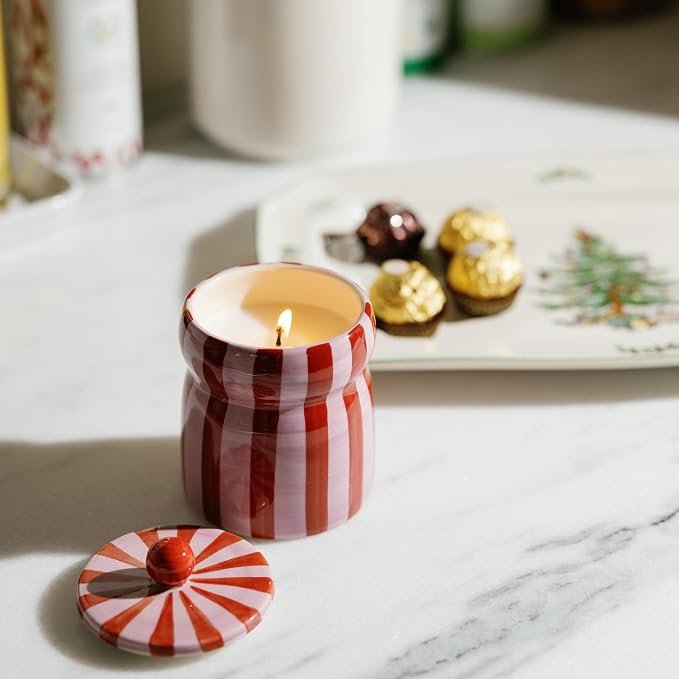 Paddywax Cabana Hand-Painted Scented Candle with Lid in Ceramic Reusable Jar, Clean-Burn Soy Candle, Pink Peppermint Scent, Approx. 42 Hour Burn Time, 6.5 oz