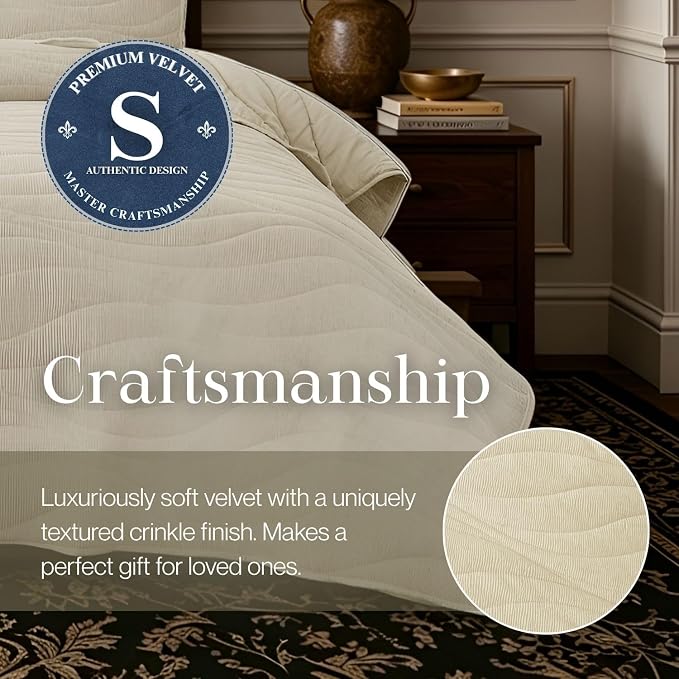 DOWN HOME Crinkle Textured Velvet Quilt Set with Shams, All-Season Luxury Modern Bedding,Easy Care Comforter,Ultra-Soft,Lightweight & Breathable, Cali King, Ivory White
