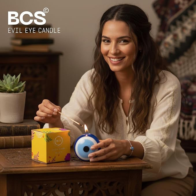 BCS Blue Evil Eye Candle - Nazar Home Decor - Handmade Unscented Premium Candles for Home & Office Vela Ojo Turco - 3.95 inches (Large) Blue