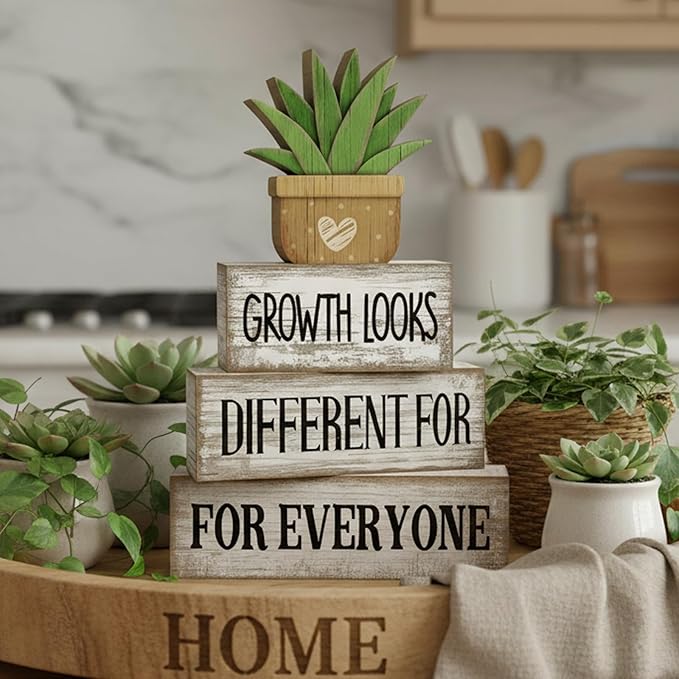 Lineshading 4 Pcs Inspirational Farmhouse Table Decor Growth Looks Different for Everyone Rustic Stacked Wooden Block Signs with Inspirational Quote Artificial Succulent for Home, Office, Shelf Gift