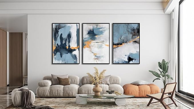 Large Framed Abstract Wall Art - Natural Framed Canvas Pictures for Living Room Modern Canvas Prints Grey Blue for Bedroom, Black Float Frame Art for Home Office Kitchen Decor 24" X 36" X 3pcs