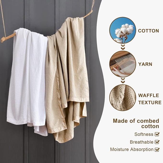 meadow park Cotton Waffle Blanket with Cotton Sateen Binding - King Size - Lightweight and Breathable - Washed Waffle Throw - Taupe Color.