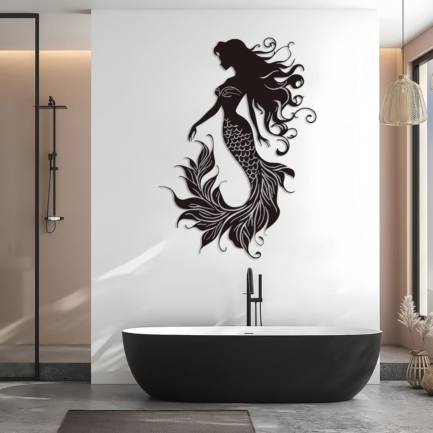 Veplsur Mermaid Metal Wall Art, Metal Mermaid Wall Decor, Marine Biology Wall Decor, Ocean Wall Art, Nautical Wall Hanging, Beach Hanging for Bathroom Bedroom (Black, 35"x25"|90x64cm)
