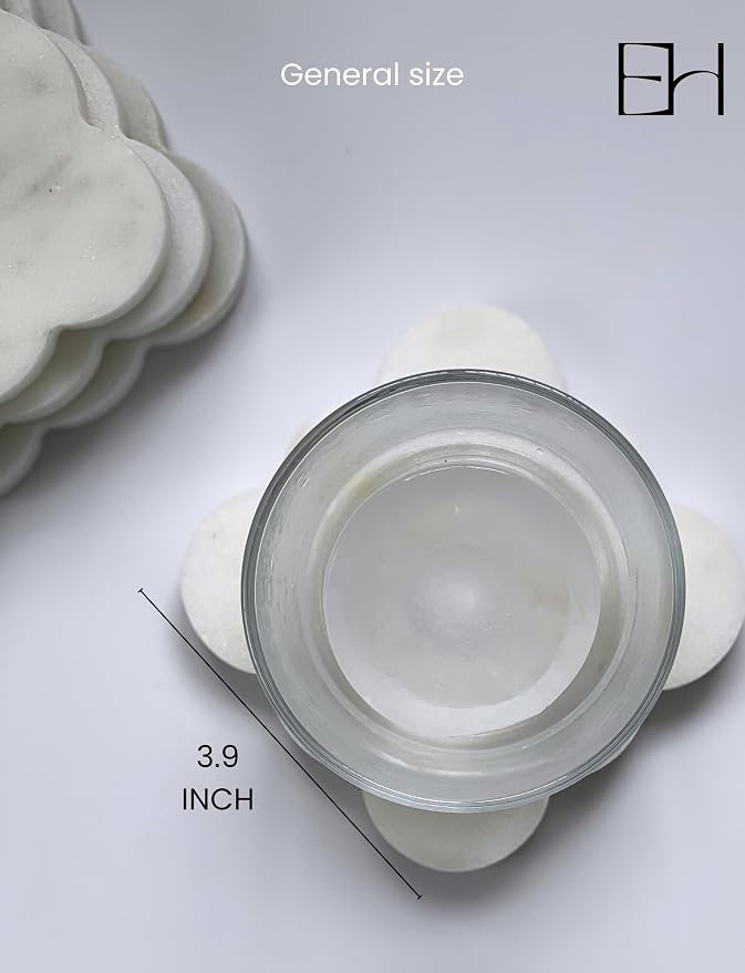 Marble Coasters Set of 4, Handcrafted Drink Protectors, Natural Stone Coaster Bar & Table Decor, Modern Desk Aesthetic Accessories, Non-Slip Luxury Gift (White Marble Square Scalloped)