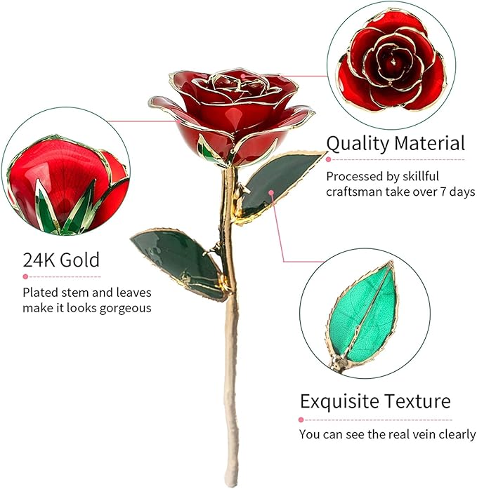 Red Rose Dipped Gold, Golden Plated Eternal Rose Flower with Crystal Stand for Her, Gift for Wife Mom Girlfriend Daughter
